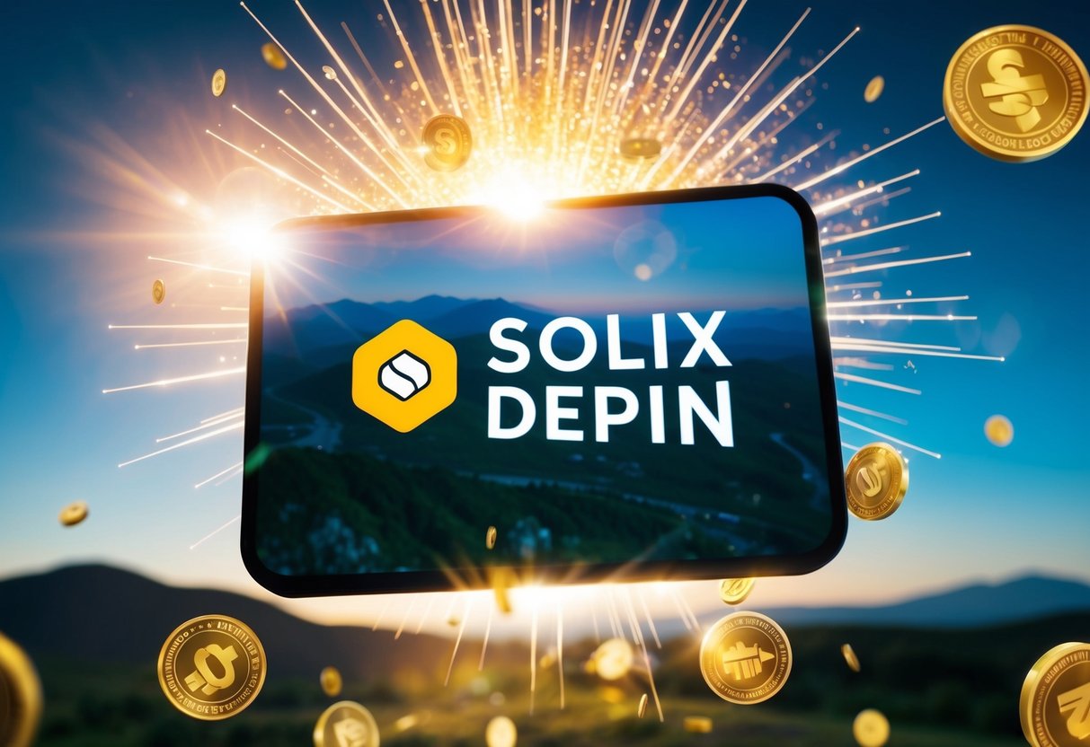 A glowing Solix Depin logo floating above a landscape, surrounded by falling tokens and a burst of light