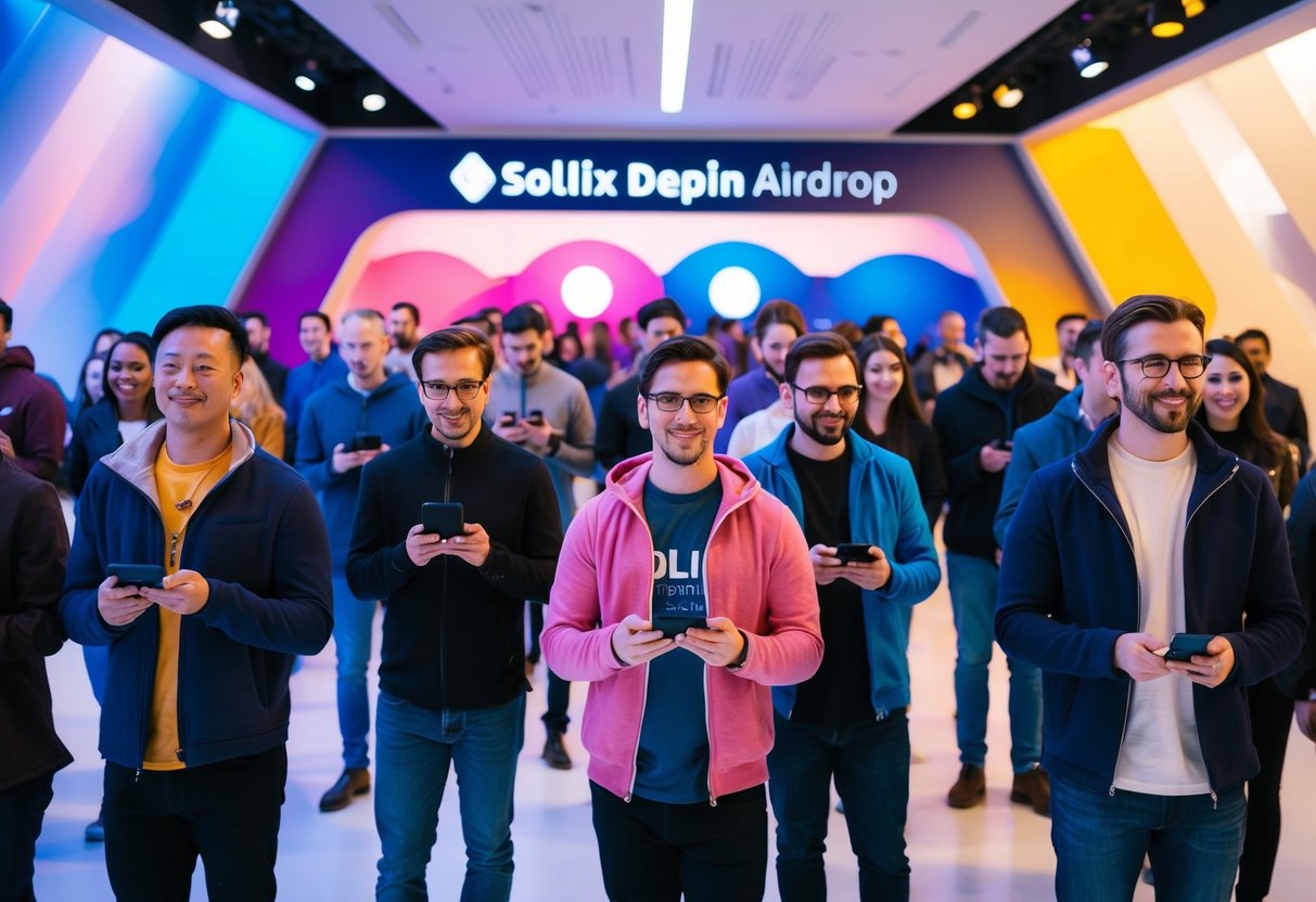 A group of people eagerly lining up with devices in hand, surrounded by a futuristic and vibrant setting, ready to participate in the Solix Depin Airdrop