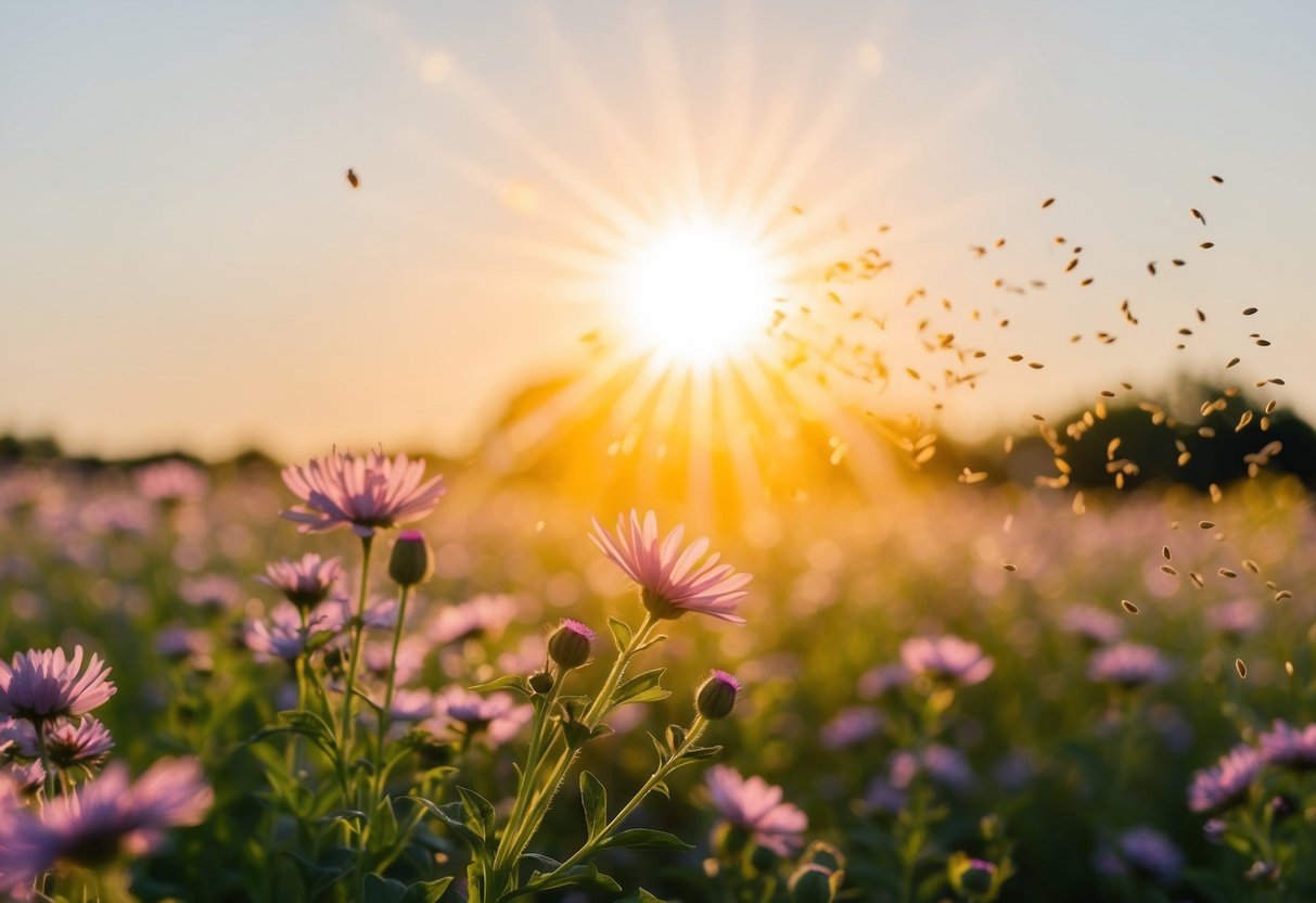 A vibrant, glowing sun radiating light and warmth onto a field of blooming flowers, with a gentle breeze carrying seeds through the air