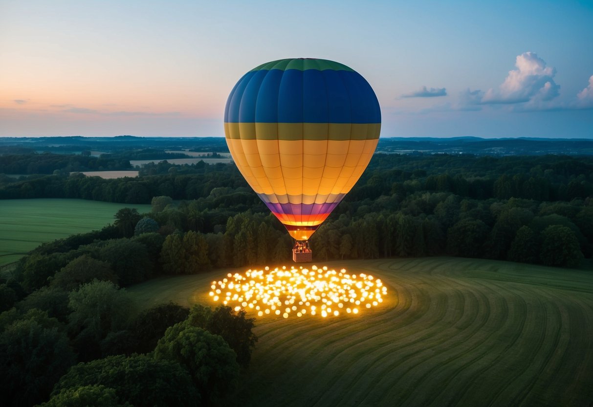 A colorful hot air balloon drops a payload of glowing orbs over a lush, green landscape