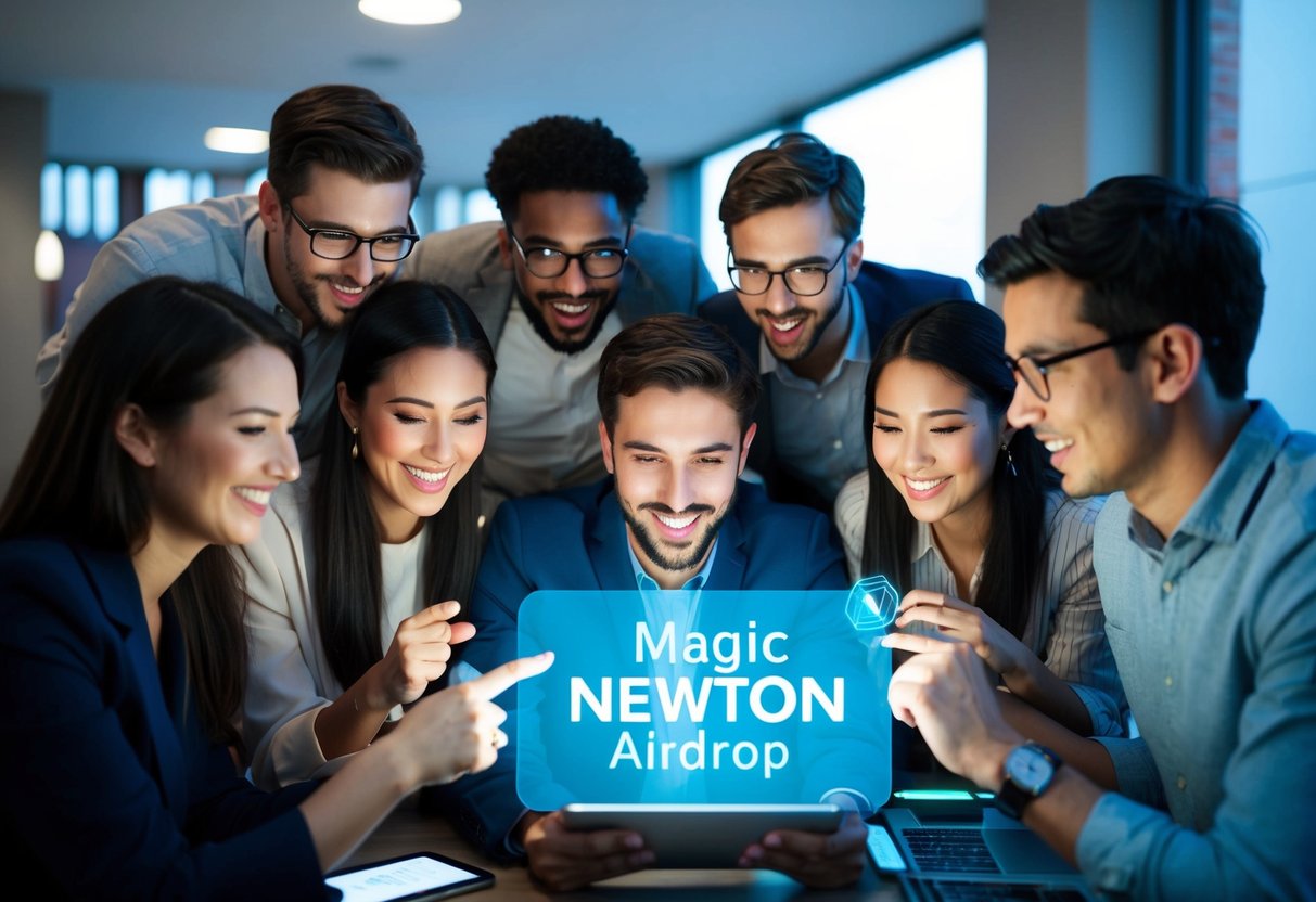 A group of people eagerly gather around a digital device, eagerly participating in the Magic Newton Airdrop. Excitement and anticipation fill the air as they follow the steps to claim their rewards