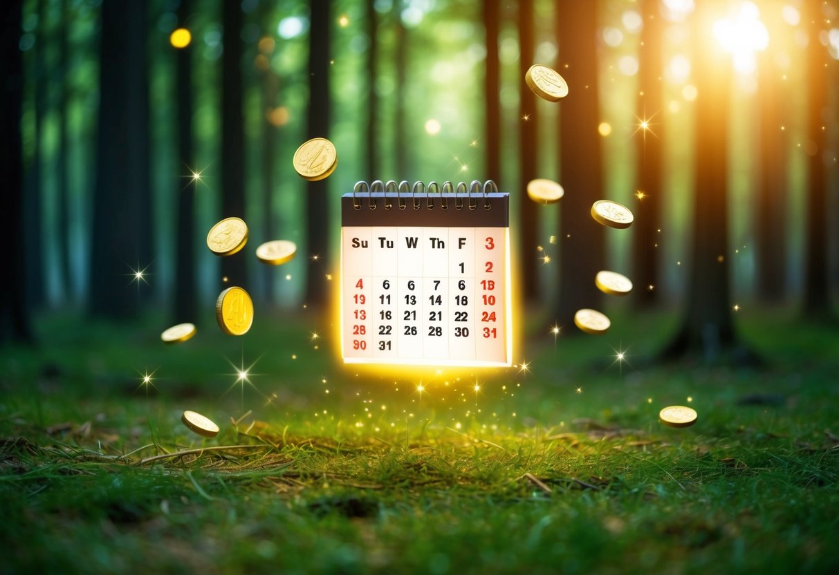 A magical forest clearing with a glowing calendar floating in mid-air, surrounded by floating coins and sparkles