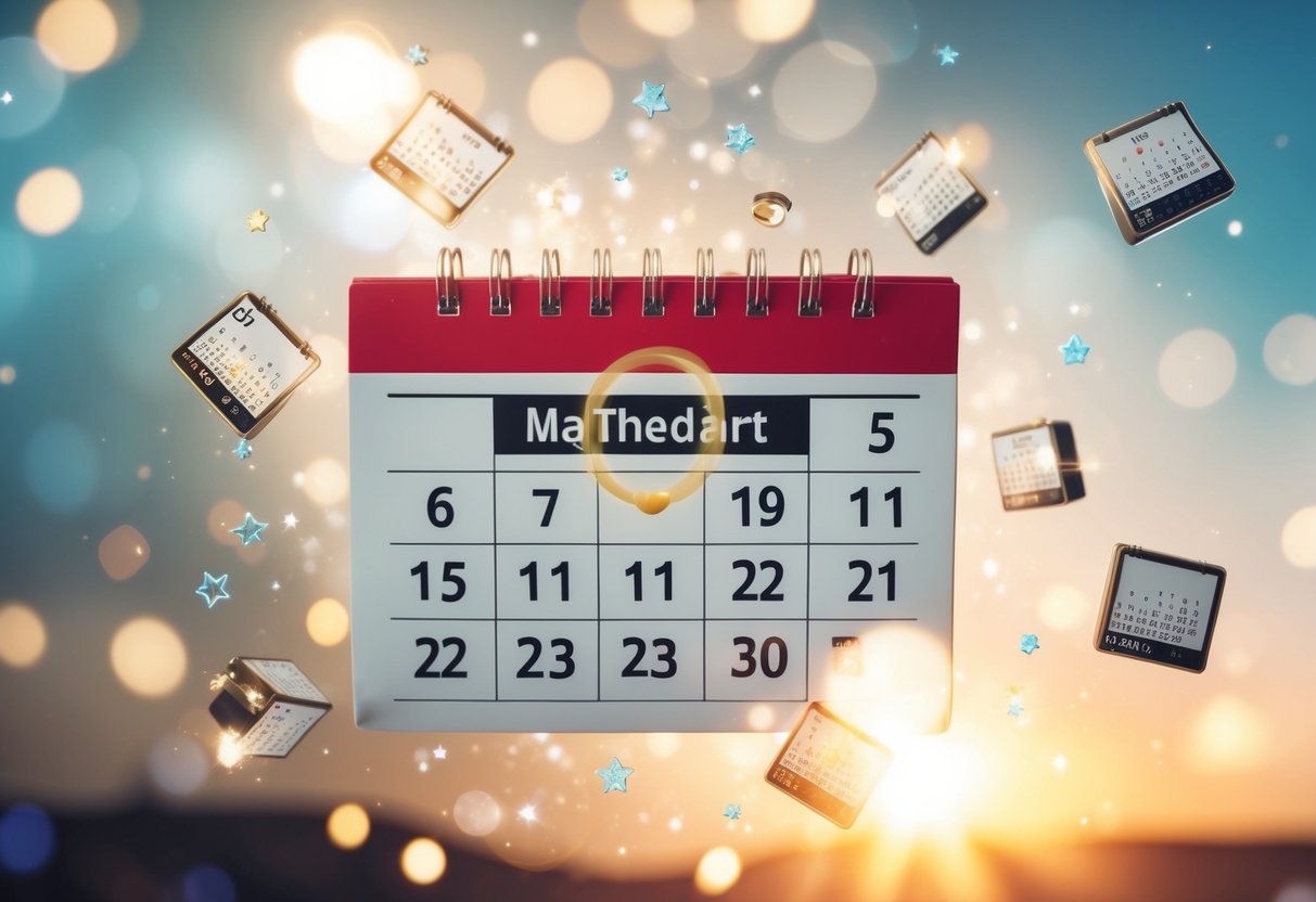 A calendar with the date circled, surrounded by floating magical elements