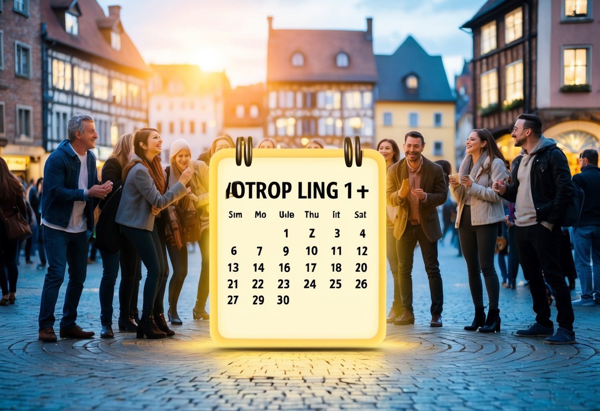 A bustling town square with people eagerly gathering around a glowing, floating calendar marking the date of the Magic Newton Airdrop listing