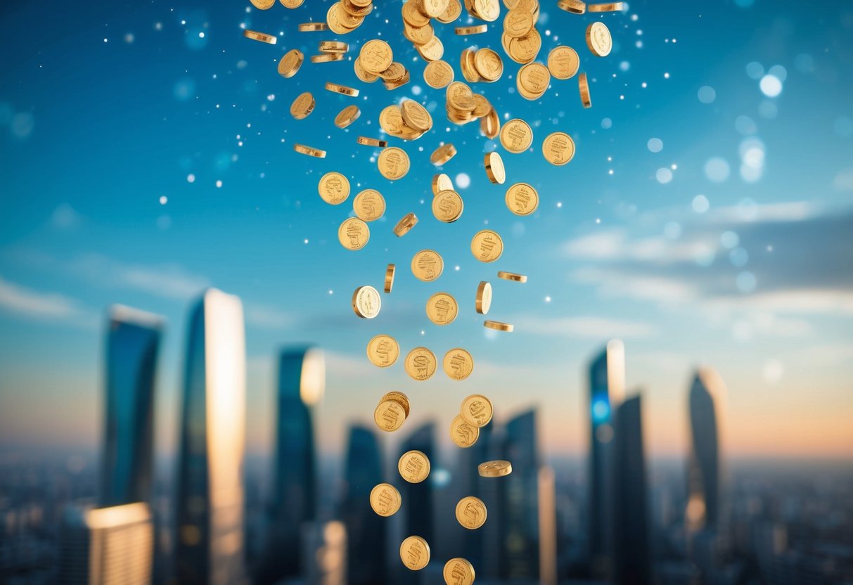 A group of digital coins raining down from the sky, with a futuristic cityscape in the background