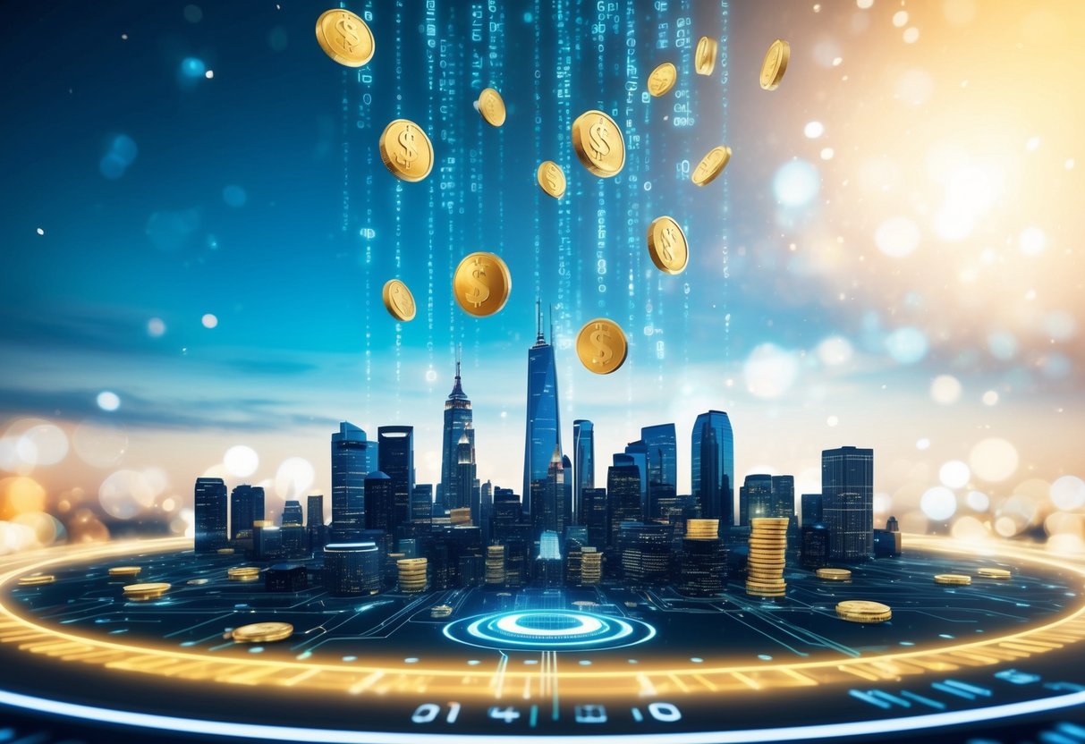 A futuristic city skyline with digital coins raining down from the sky, surrounded by a glowing aura of technology and innovation