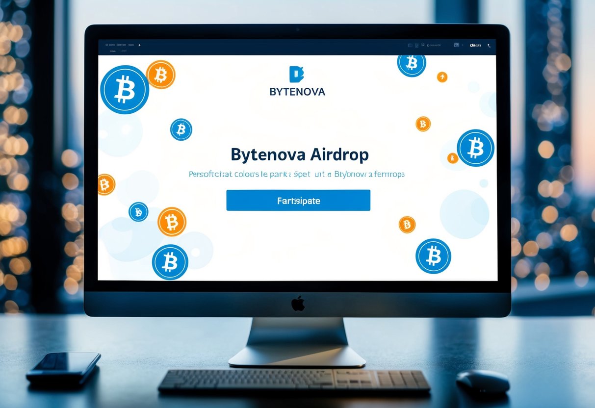 A computer screen displaying the Bytenova Airdrop website with a "Participate" button highlighted, surrounded by digital currency symbols