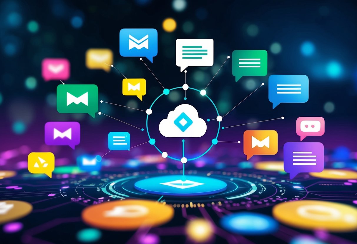 A vibrant digital landscape with various messaging platforms interconnected by a central hub, showcasing the seamless integration and efficiency of Bytenova Airdrop