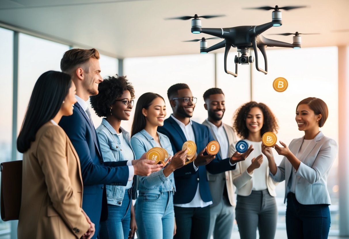 A group of diverse people receiving digital tokens from a flying drone