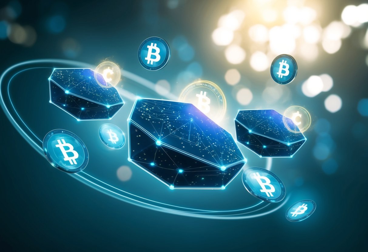 A group of nodes floating in mid-air, emitting a soft glow, with digital currency symbols swirling around them