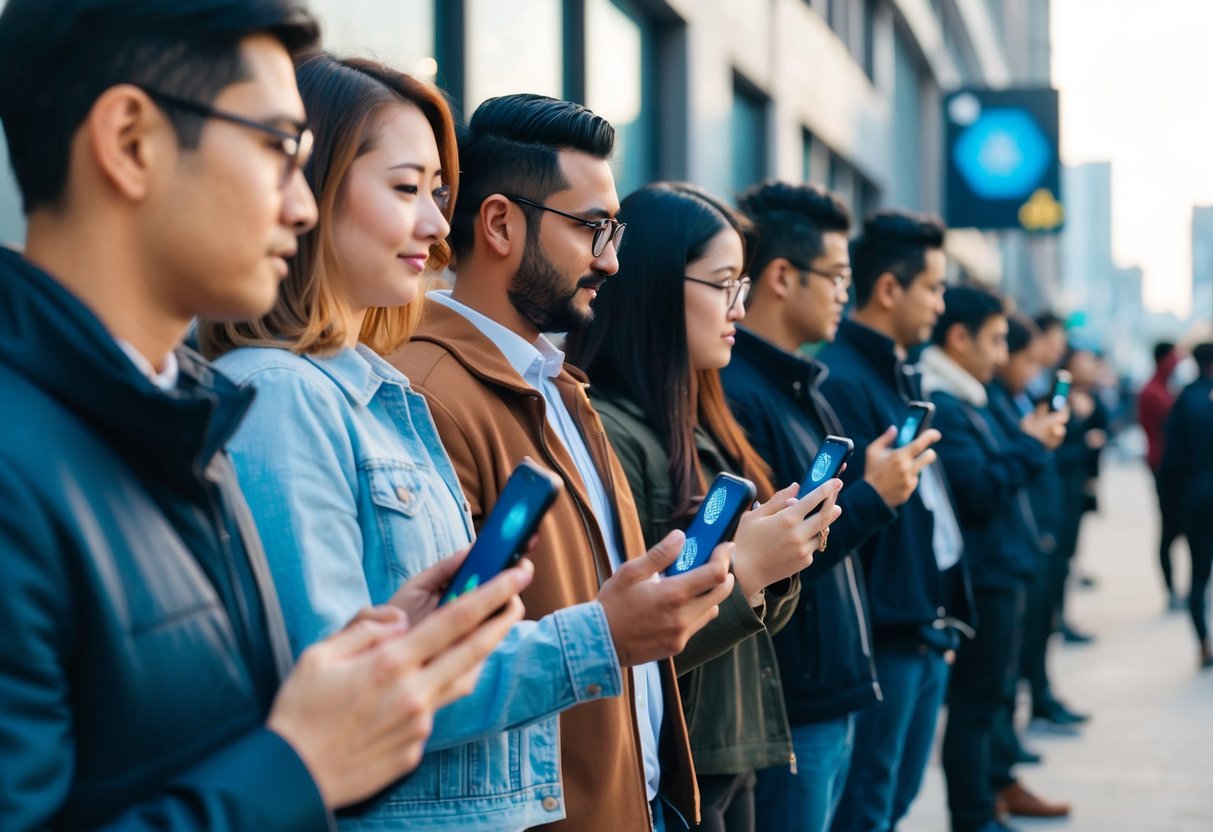 A group of people standing in line, holding their smartphones and scanning QR codes to participate in the Nodepay Airdrop