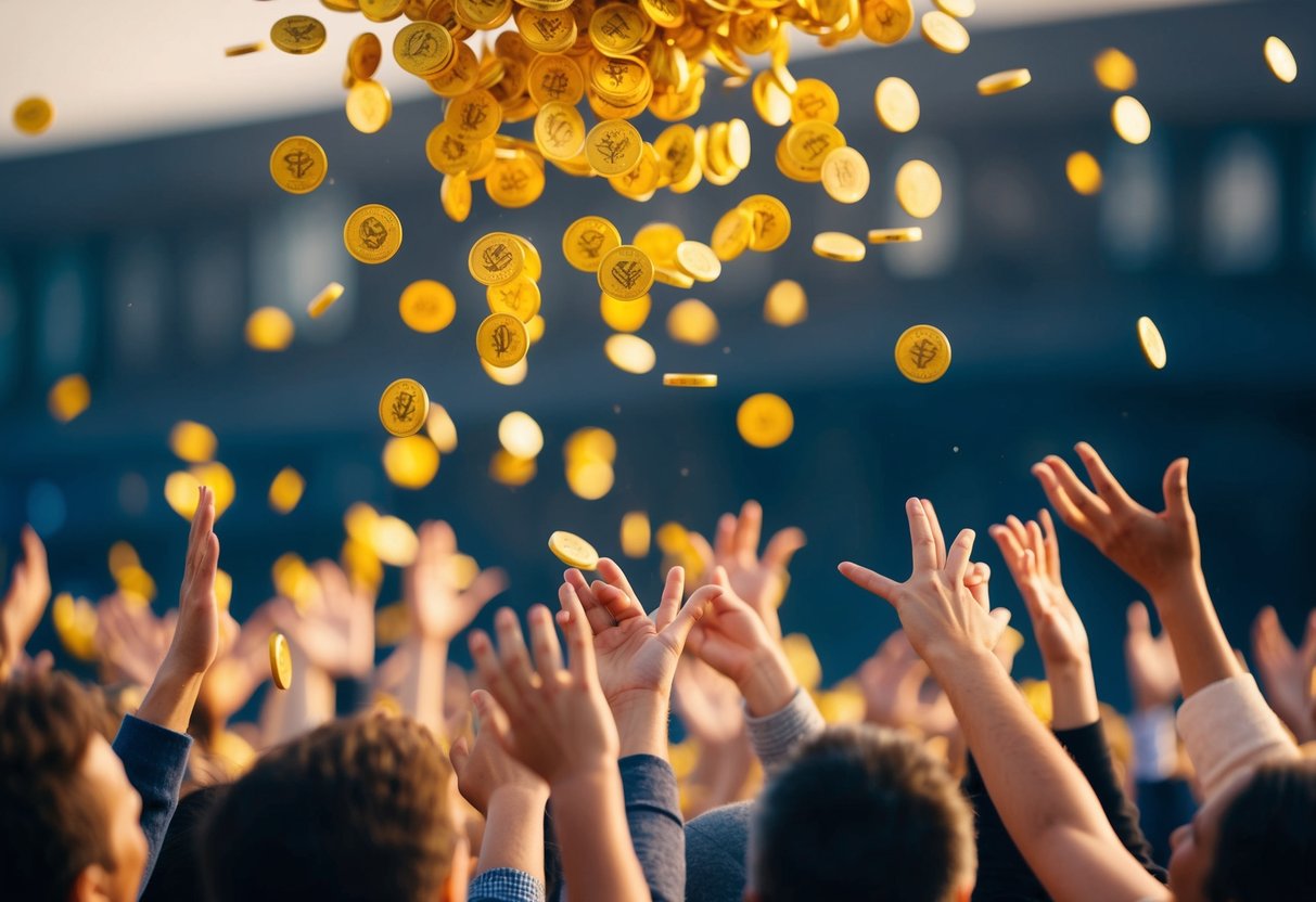 A group of tokens raining down from the sky, with a crowd of people eagerly reaching out to catch them
