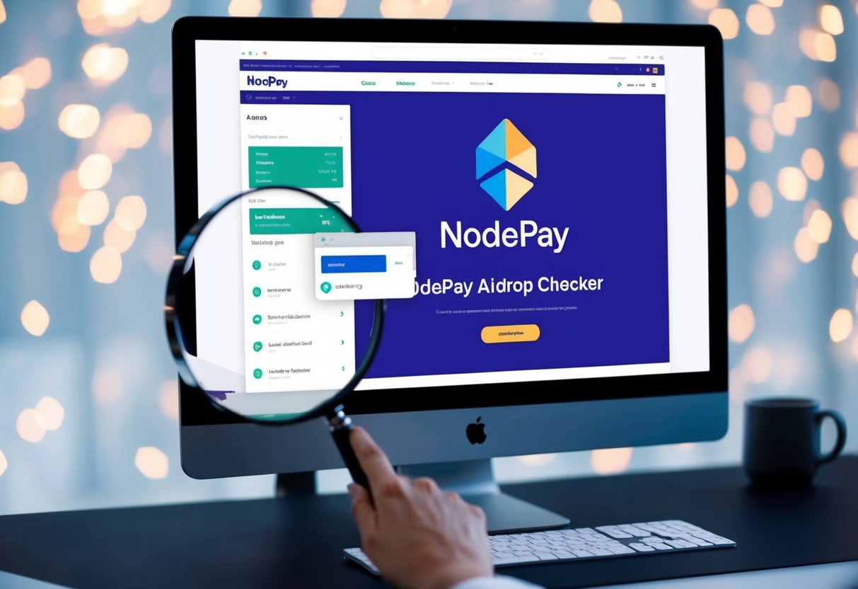 A computer screen displaying the Nodepay Airdrop Checker website with a magnifying glass hovering over the airdrop section