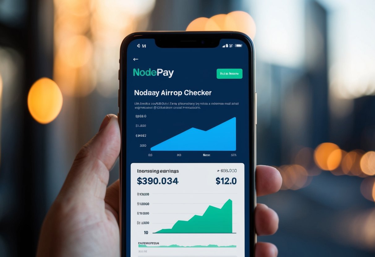 A smartphone displaying the Nodepay Airdrop Checker app with a graph showing increasing earnings