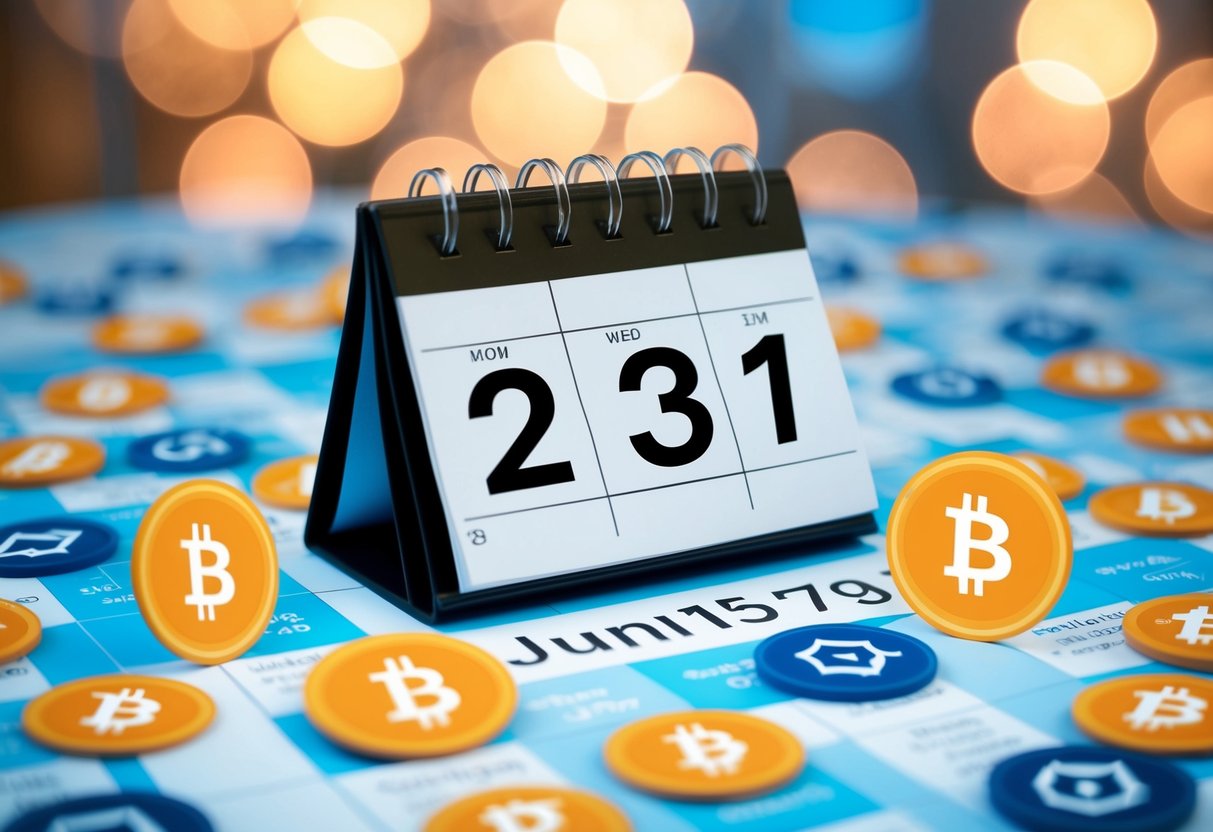 A calendar with the date circled, surrounded by cryptocurrency symbols and airdrop logos