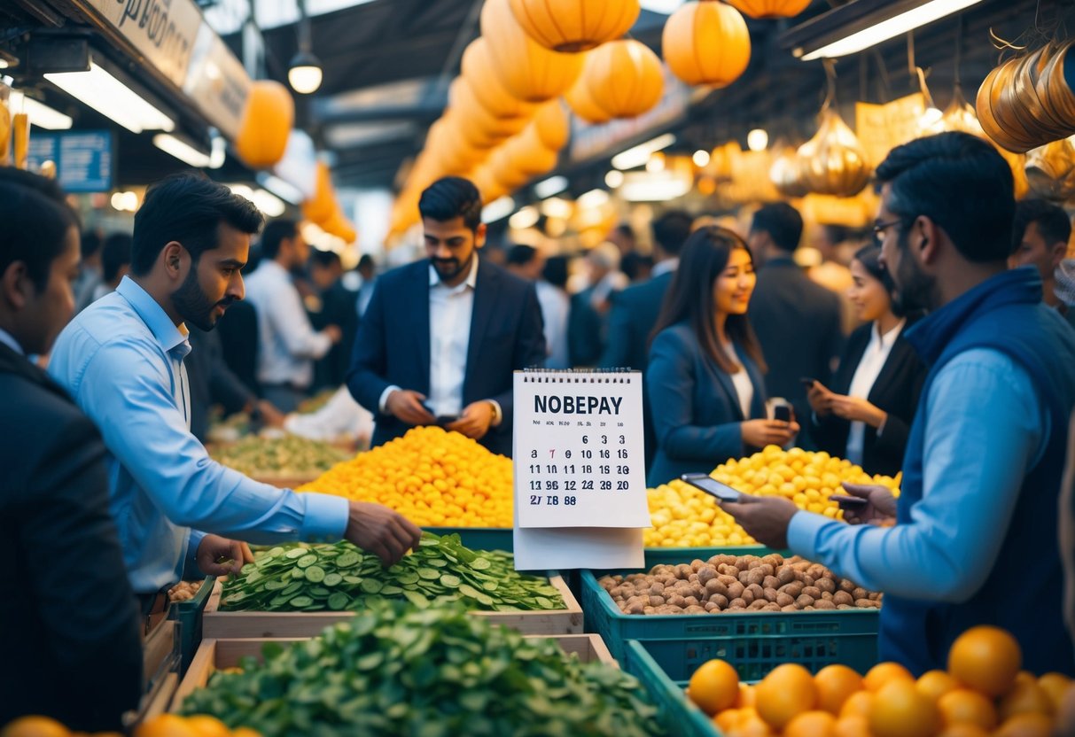 A bustling market with people exchanging goods and investors discussing potential opportunities, with a calendar marking the date of the Nodepay Airdrop listing