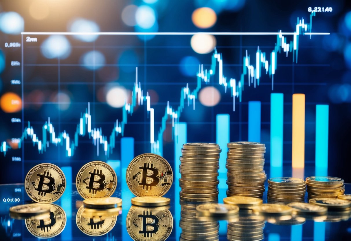 A bustling digital marketplace with various cryptocurrency symbols and graphs, representing the exchange and trading insights for Nodepay's upcoming airdrop listing date