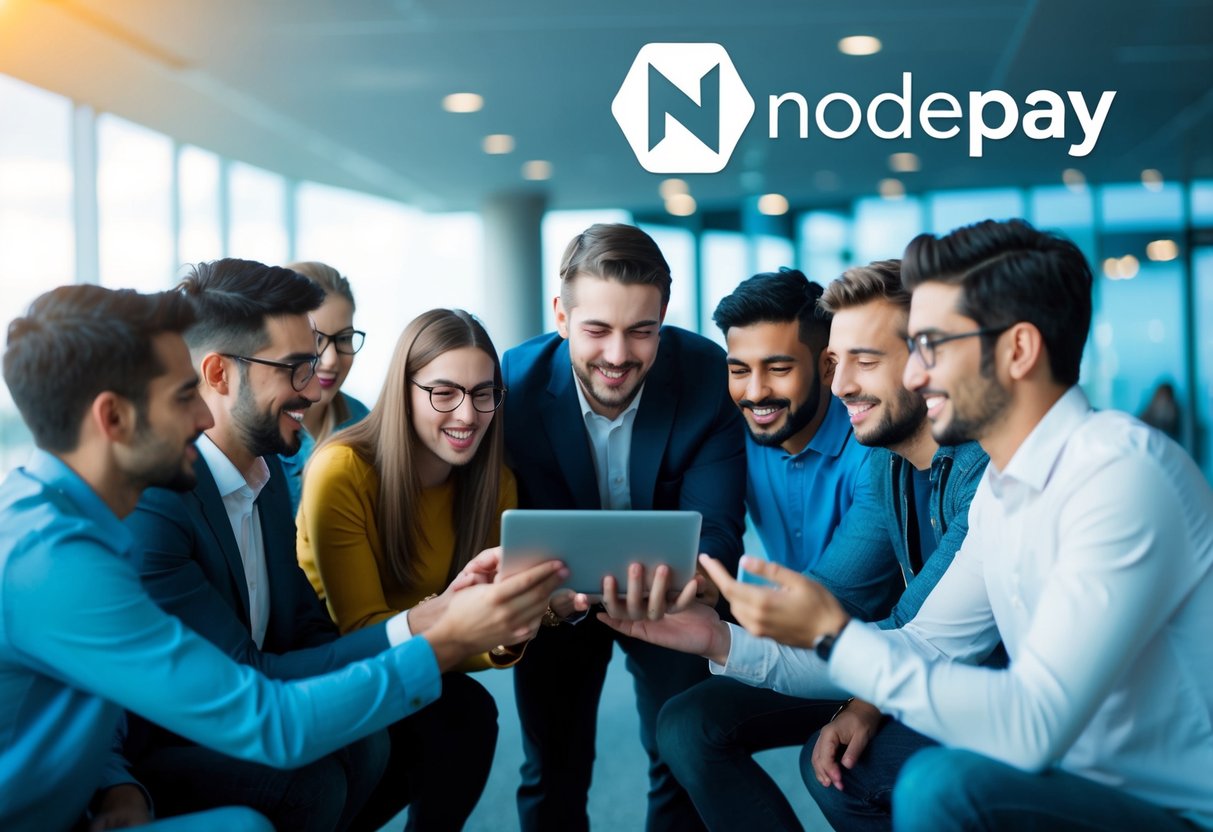 A group of people gathering around a digital device, eagerly claiming their Nodepay airdrop rewards