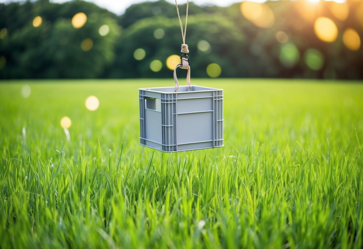 Lush green grass field with airdrop crate descending from the sky