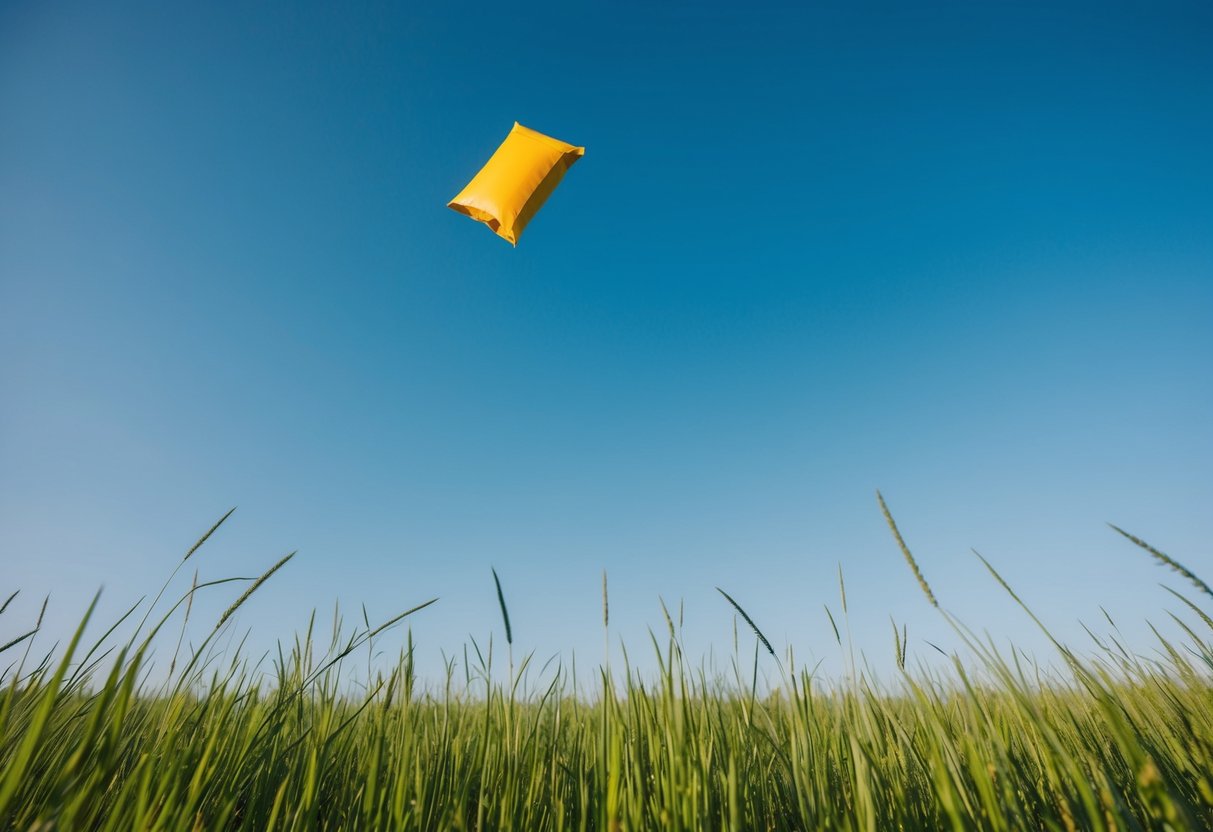 A field of tall grass with a clear blue sky above, a small parcel dropping from the sky towards the grass