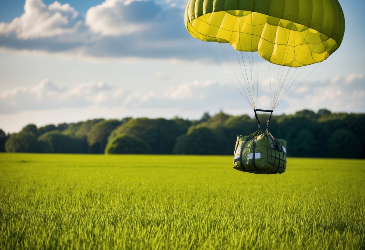 A lush green field with a parachute dropping supplies