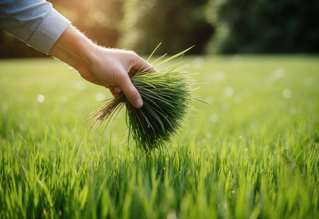 A hand reaching down to pick up a bundle of grass from a lush green field