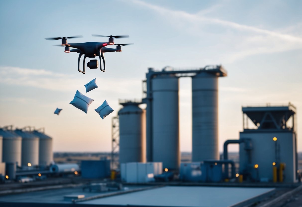 Airdrop at Newpolymer Labs: drones releasing packages over a futuristic industrial complex with towering silos and advanced machinery