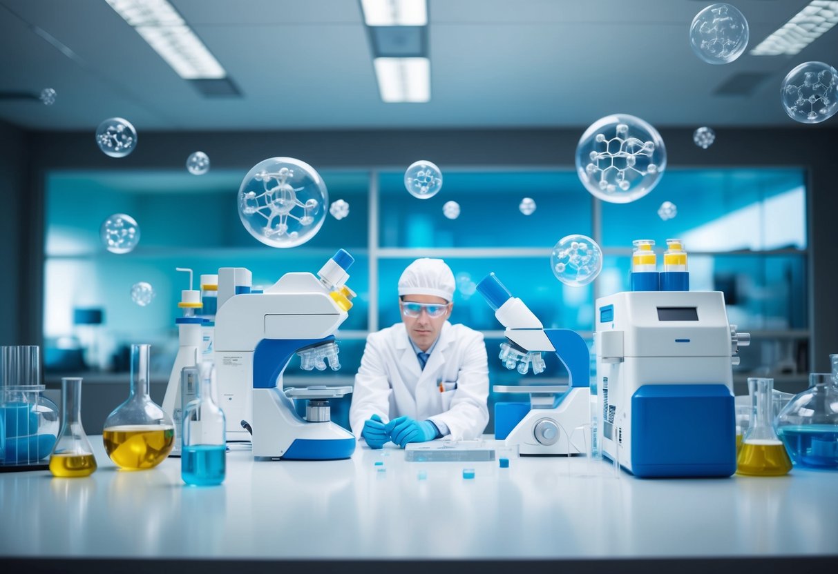 A futuristic laboratory with scientists and machines, surrounded by floating polymer molecules in the air