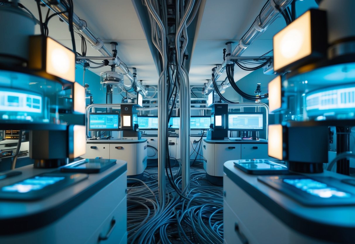 A futuristic laboratory with interconnected devices and machinery, surrounded by a network of data cables and glowing holographic displays