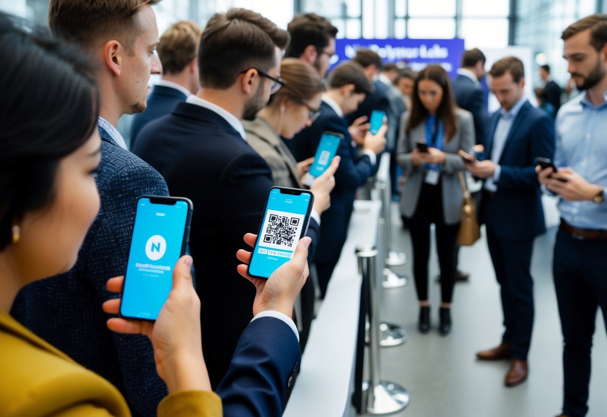 A group of people lining up with their smartphones in hand, waiting to scan a QR code at the Newpolymer Labs Airdrop event
