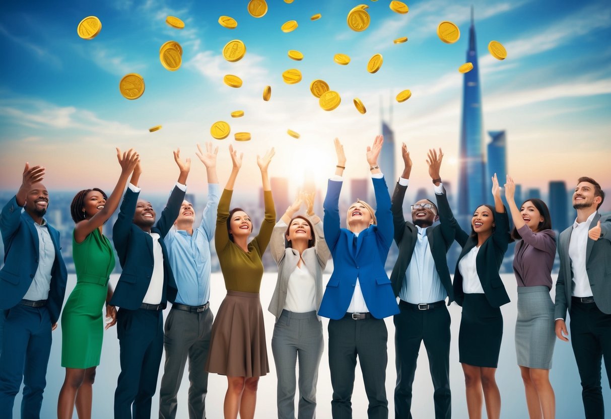 A group of diverse people eagerly reaching out to receive tokens falling from the sky, with a futuristic cityscape in the background