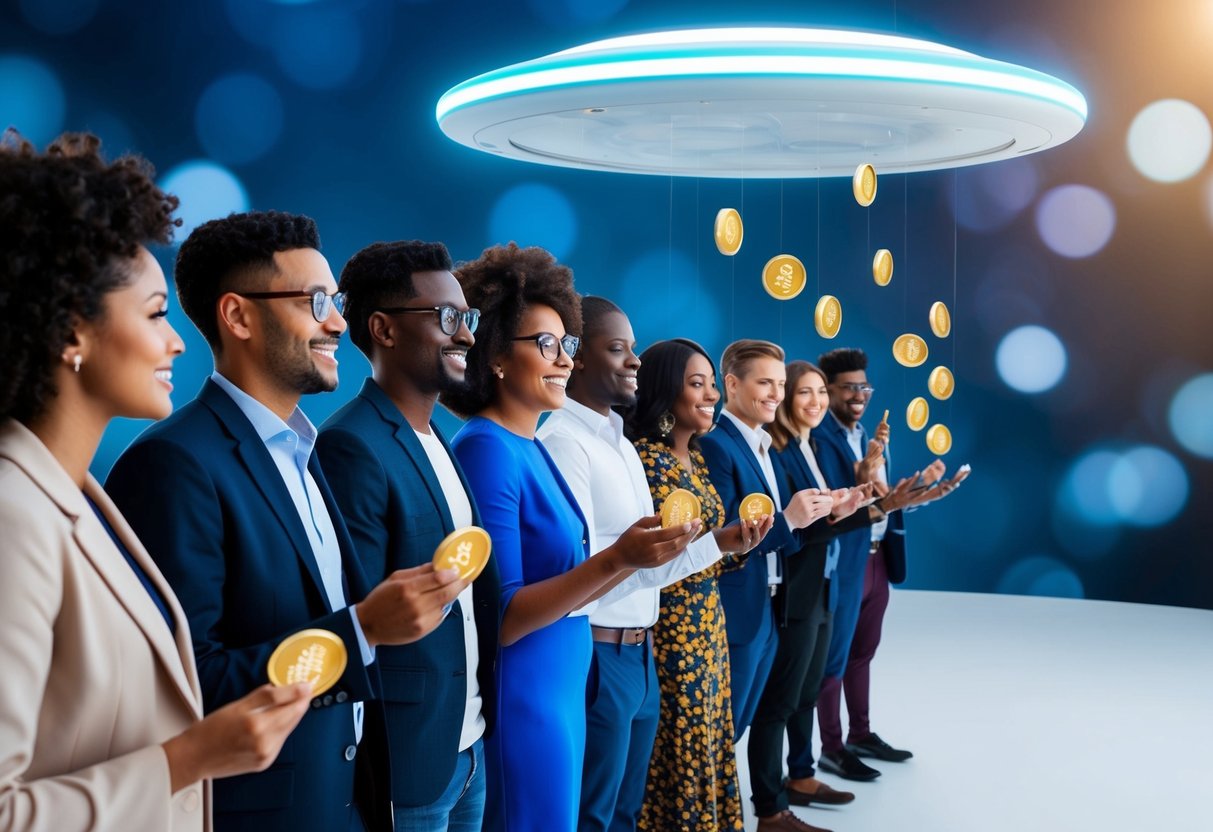 A group of diverse individuals eagerly line up to receive tokens from a futuristic, floating platform during the Newenso Airdrop event
