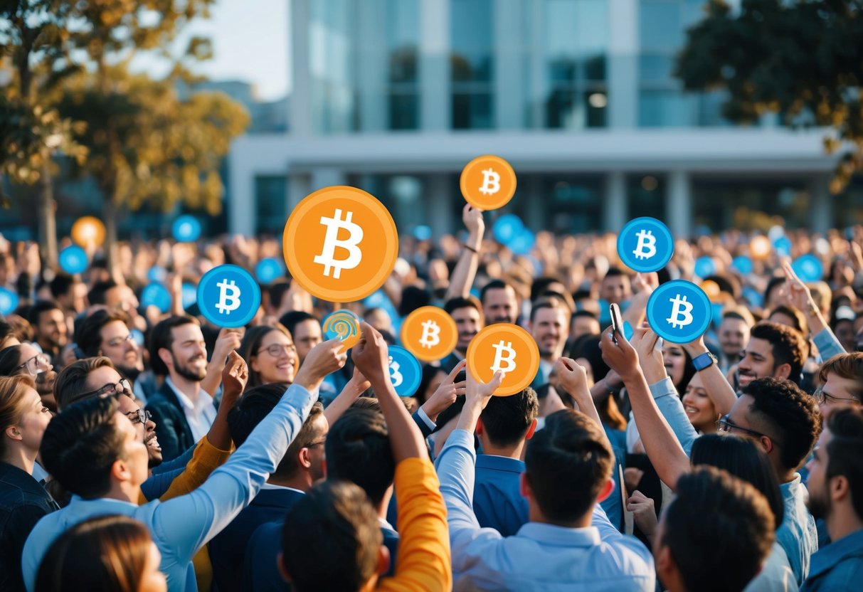 A crowd of diverse people eagerly receiving and distributing digital tokens from a central source in an open-air setting