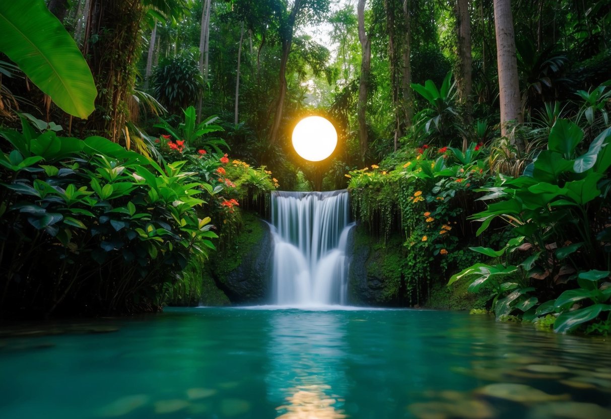 A lush forest with a waterfall cascading into a serene pool, surrounded by vibrant flora and fauna, with a glowing orb hovering above the water