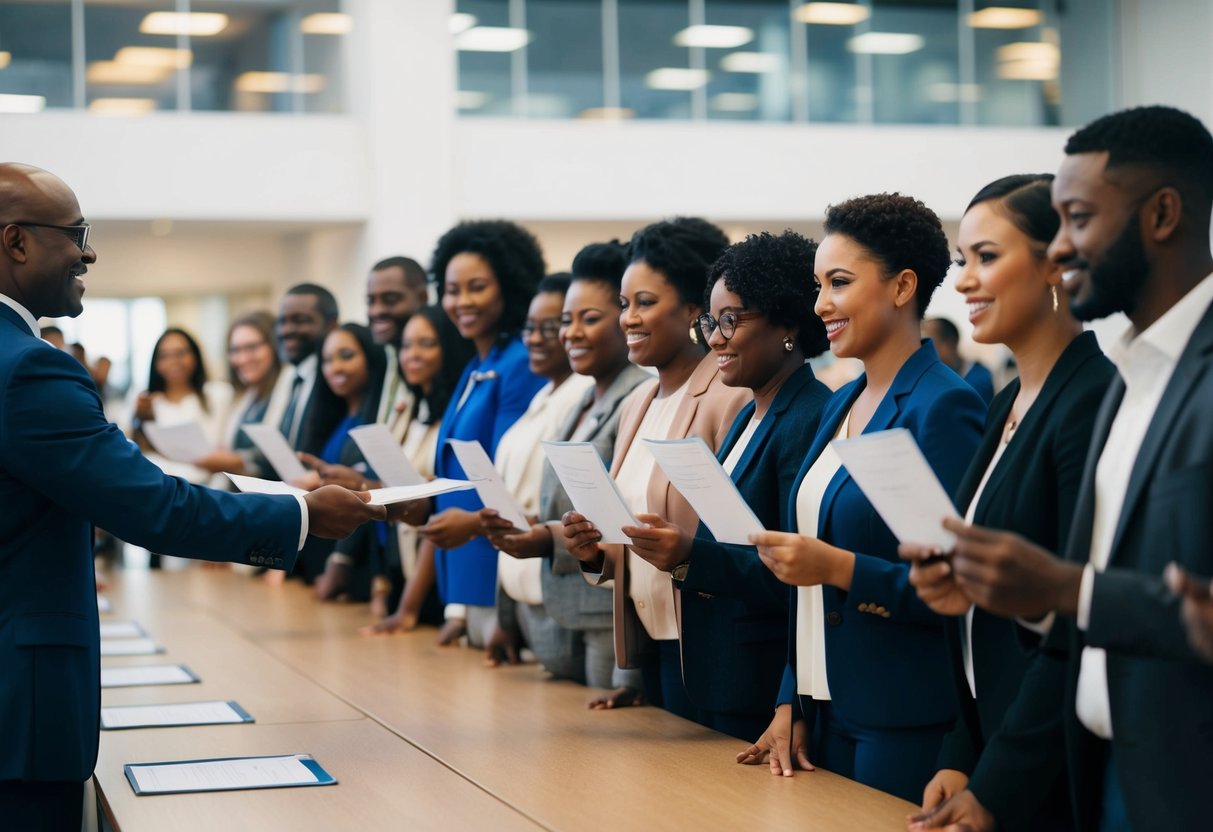 A group of diverse people lining up to receive tokens from a central figure. Each person holds a document and looks eager