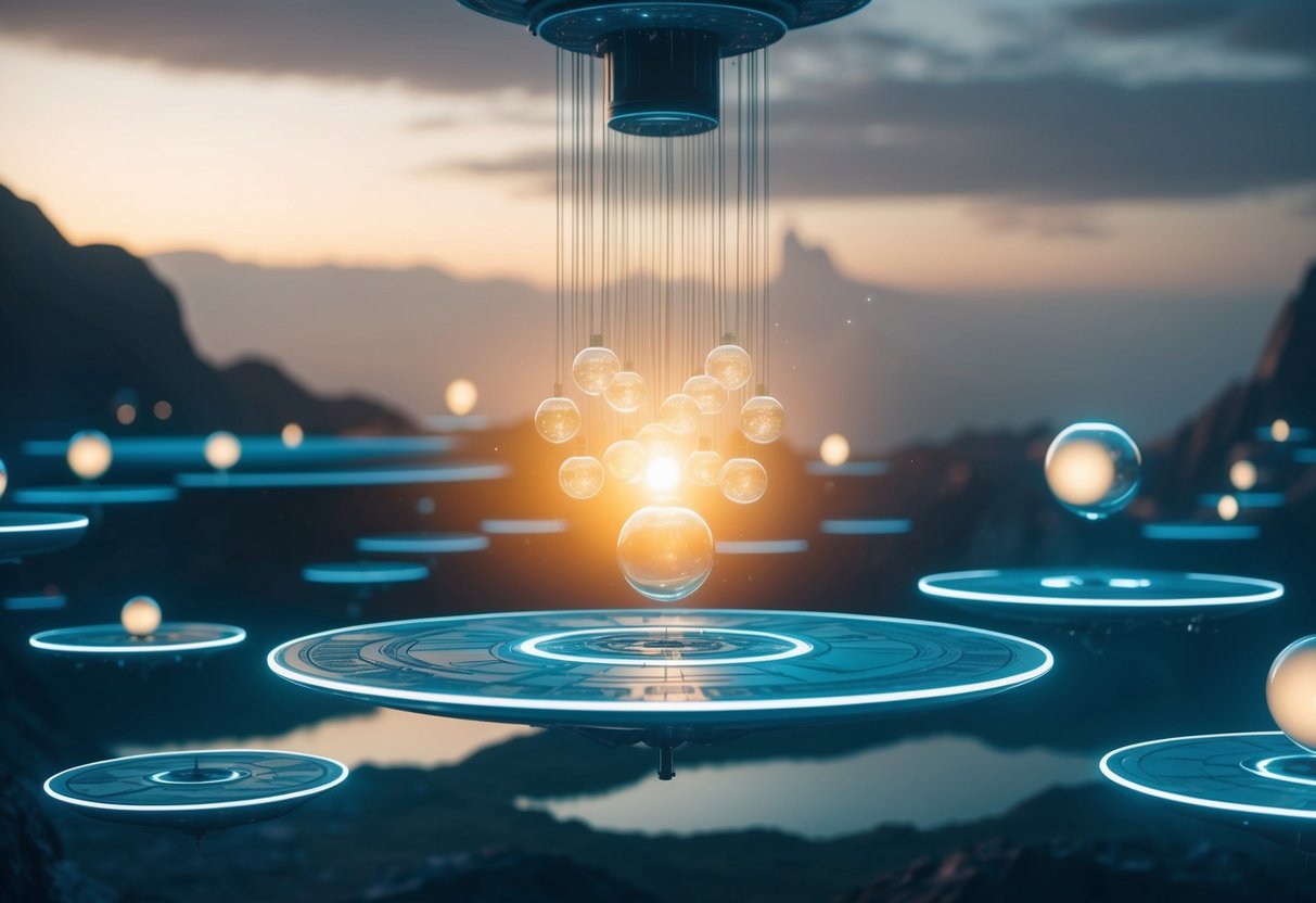 A futuristic landscape with floating platforms and glowing orbs being distributed from a central source