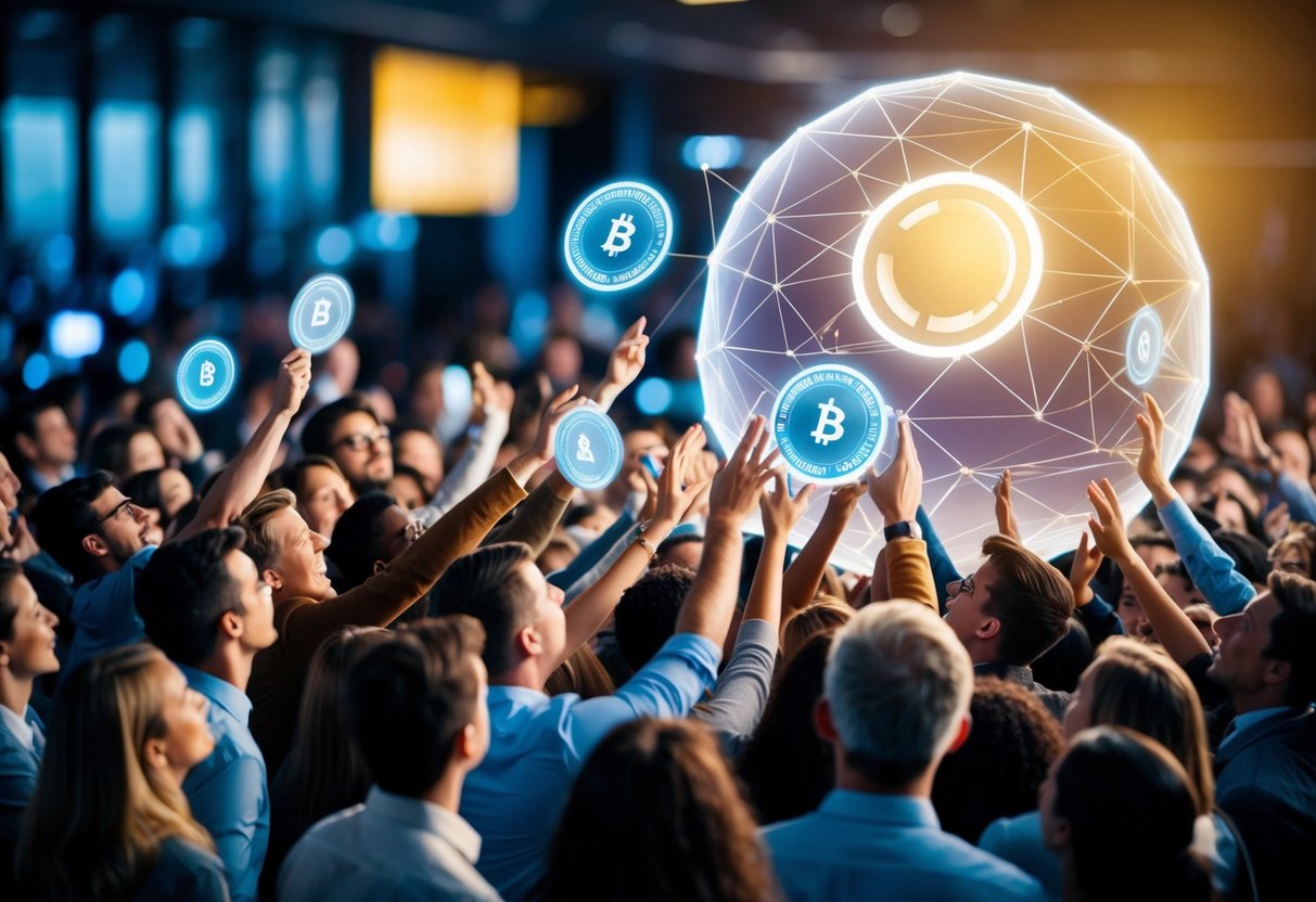 A crowd of people eagerly reaching out to receive digital tokens from a large glowing network hub