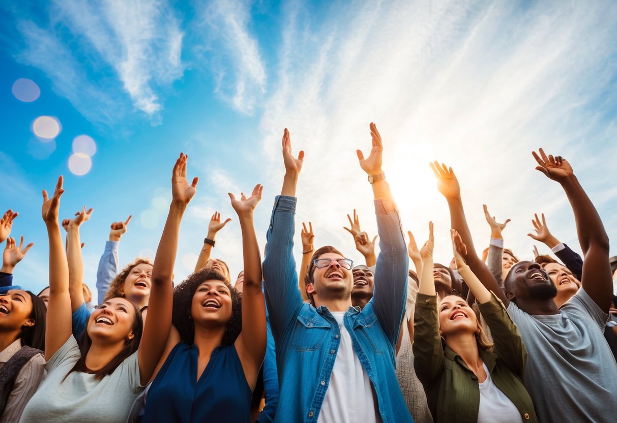 A crowd of diverse people eagerly reaching towards the sky, with a sense of excitement and anticipation in the air