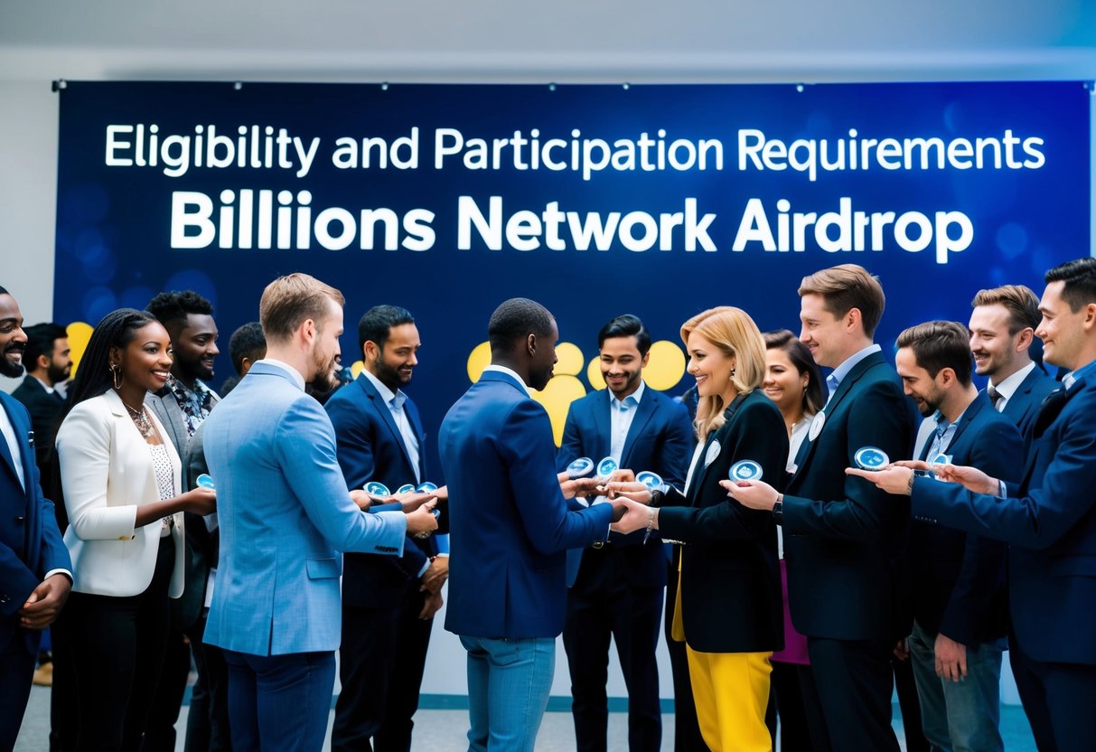 A diverse group of people line up to receive tokens from a network representative, with a large banner displaying the words "Eligibility and Participation Requirements Billions Network Airdrop" in the background