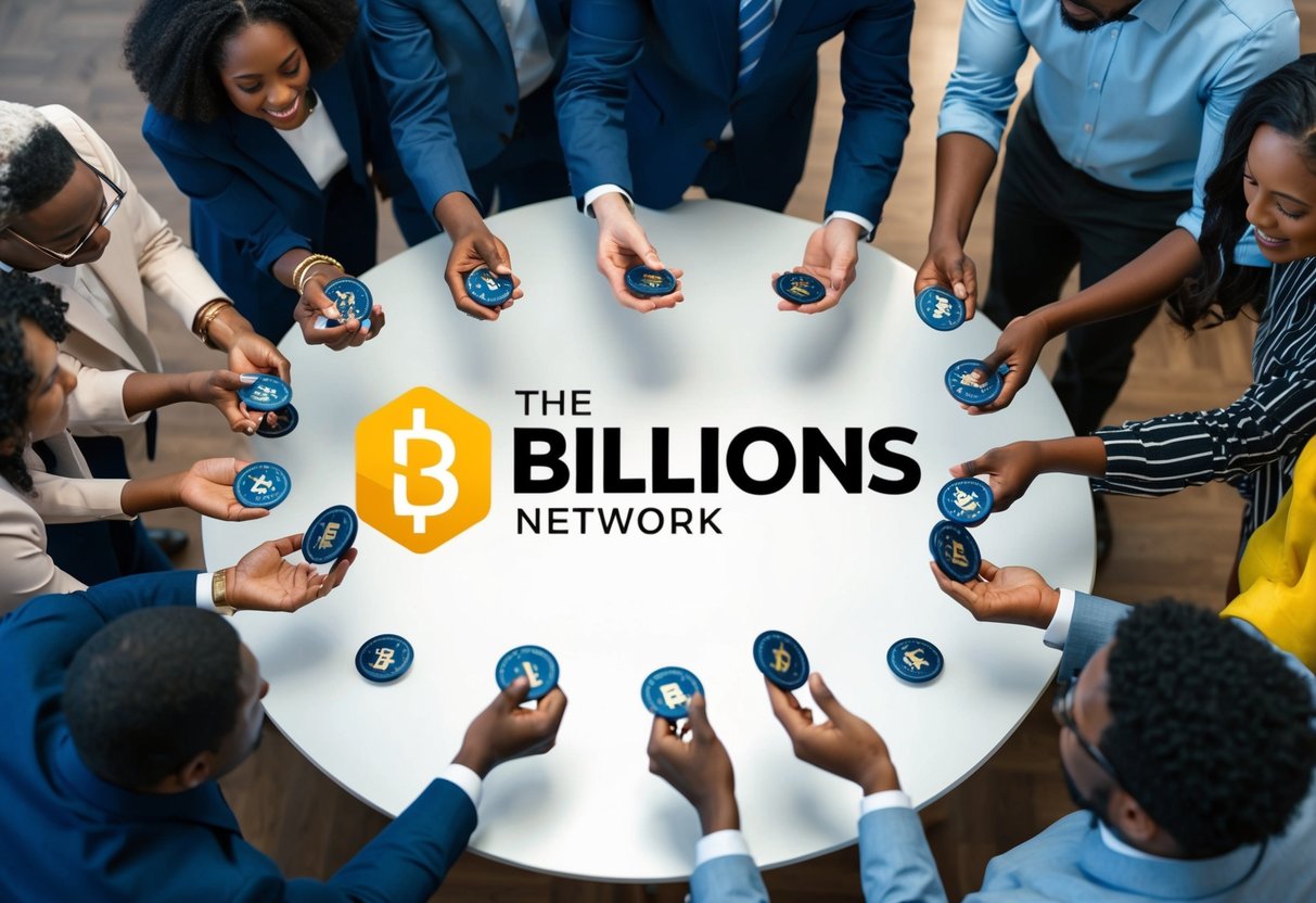 A group of diverse individuals receiving airdropped tokens from a central distribution point, with the Billions Network logo prominently displayed