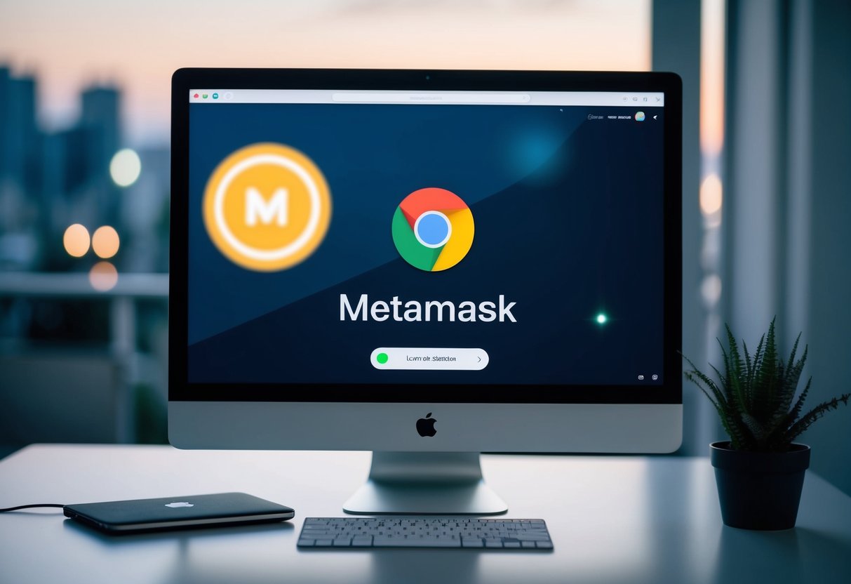 A computer screen displaying the Metamask extension icon in the Chrome browser, with a loading animation