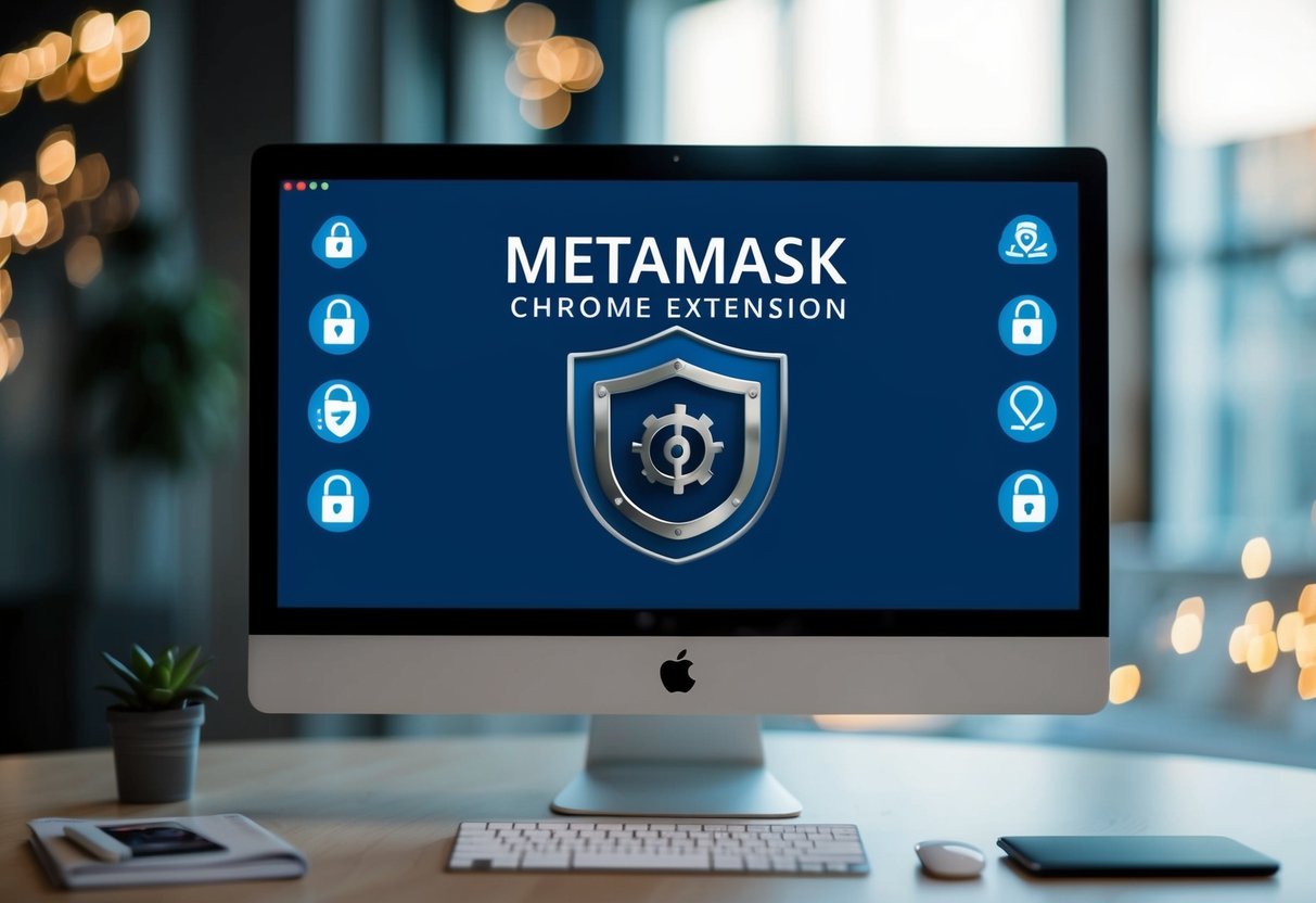 A computer screen displaying the Metamask Chrome extension with a metal loader symbol, surrounded by security and privacy icons
