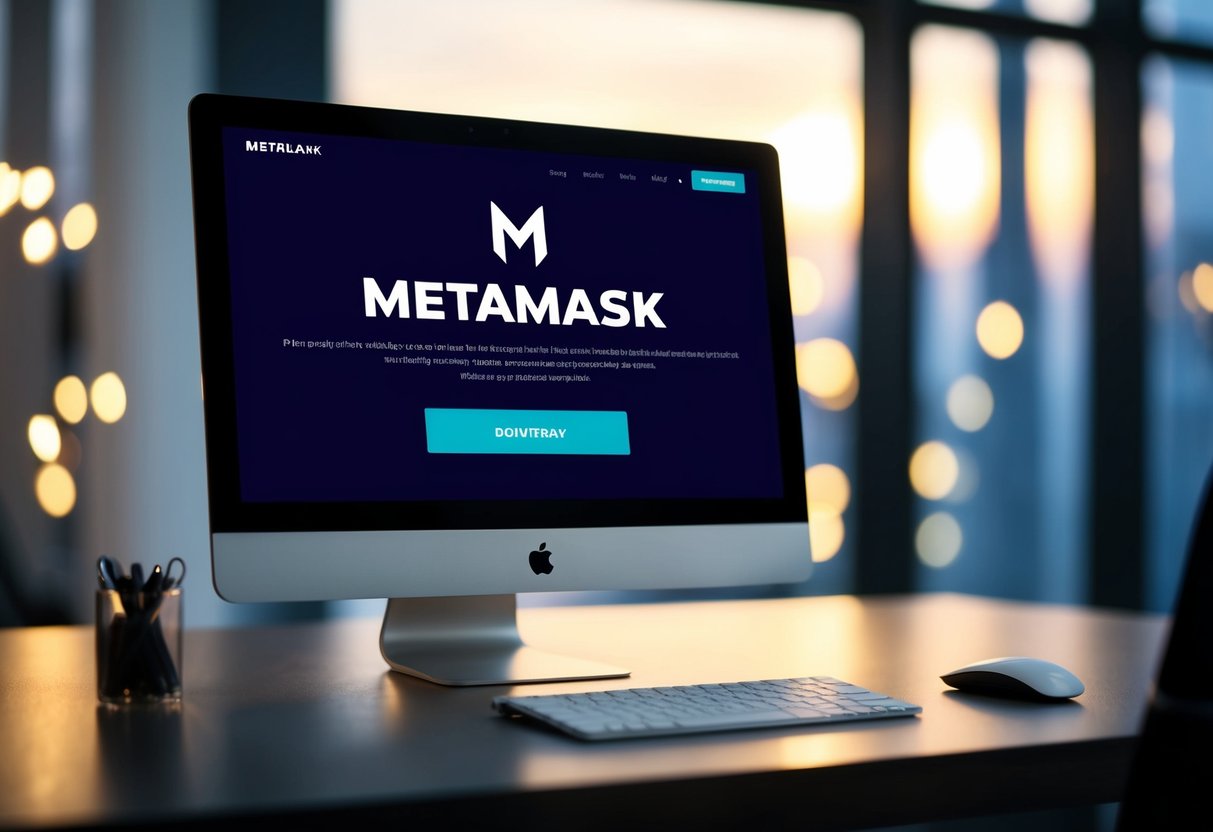 A computer screen displaying the Metamask website with a download button and a progress bar