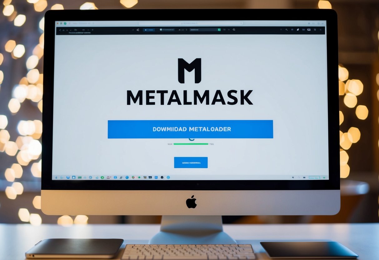 A computer screen displaying the Metamask website with a progress bar indicating the download of Metaloader