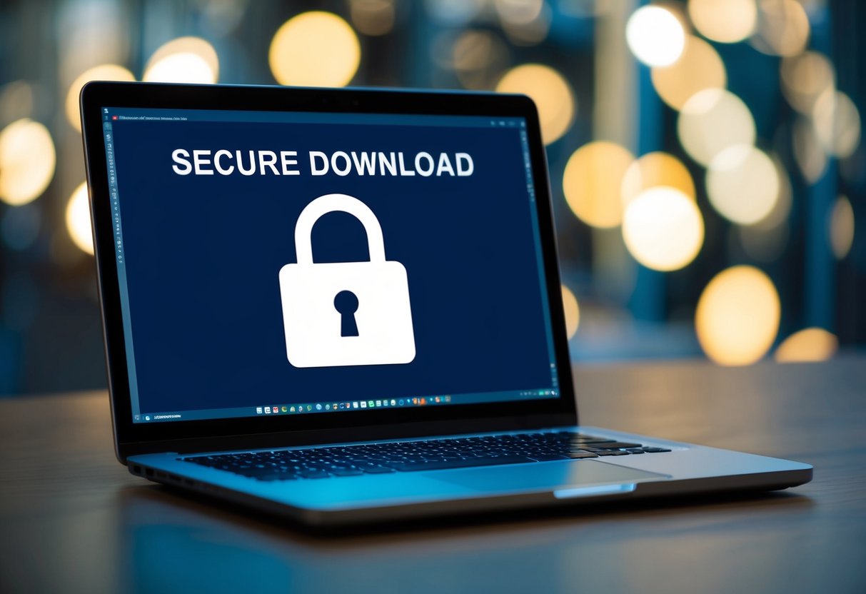 A laptop screen displays a secure download of Metamask onto a metaloader, with a lock icon symbolizing security and privacy considerations