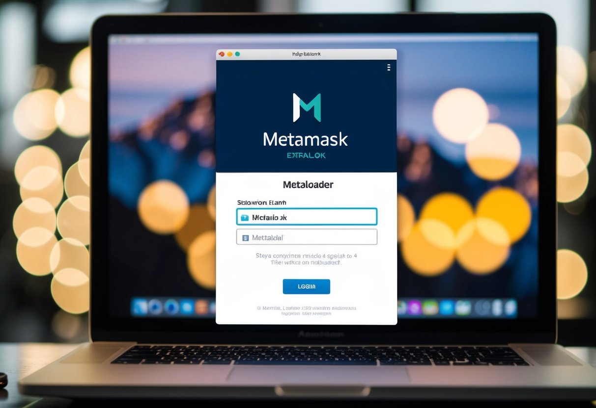 A computer screen displaying the Metamask extension login page with the Metaloader icon loading in the background