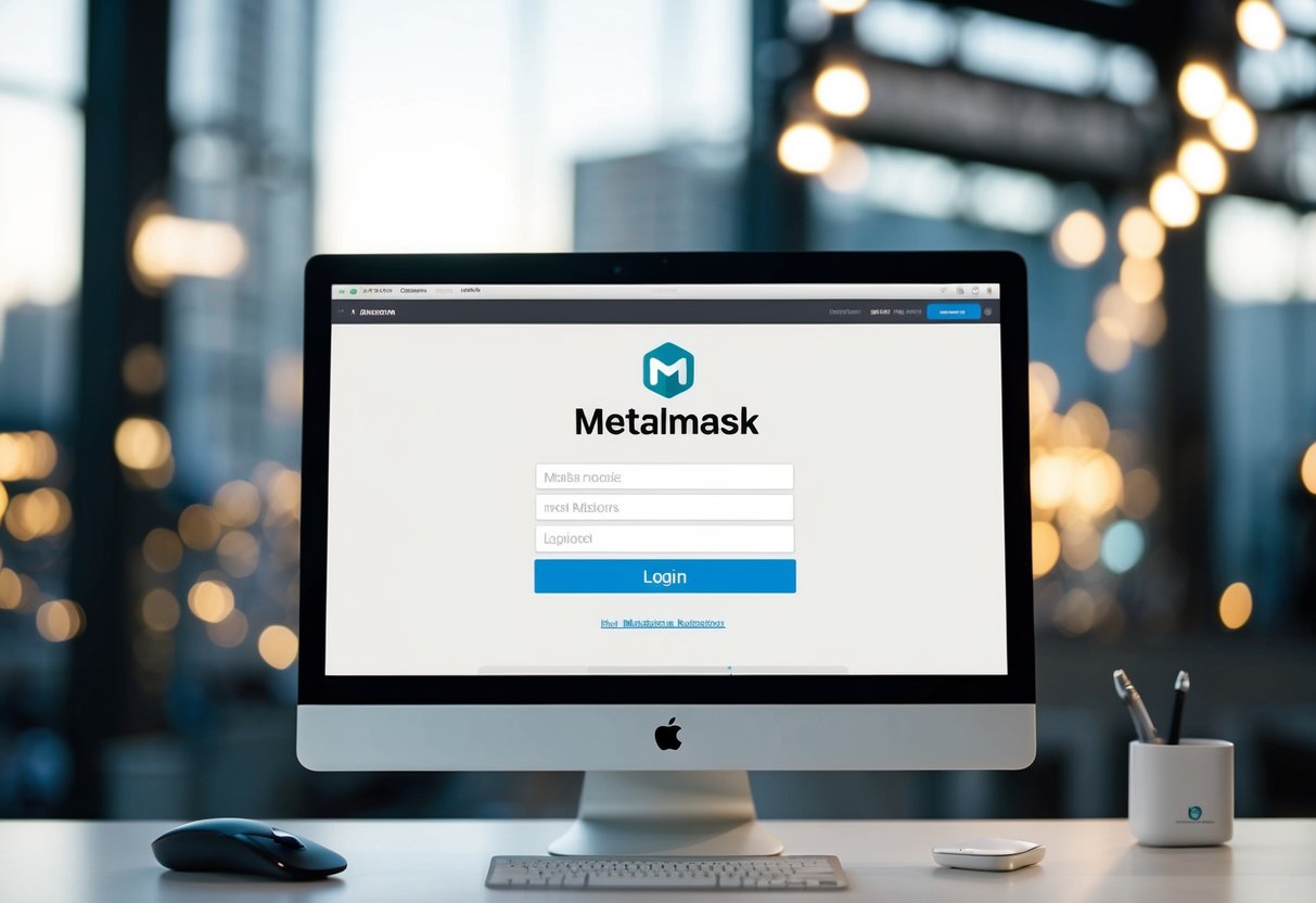 A computer screen showing the Metamask extension open, with the user inputting login details into the Metaloader website