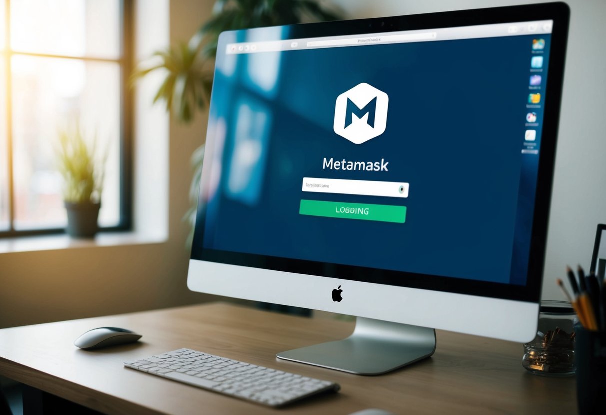 A computer screen displaying the Metamask login page with a loading icon in the center