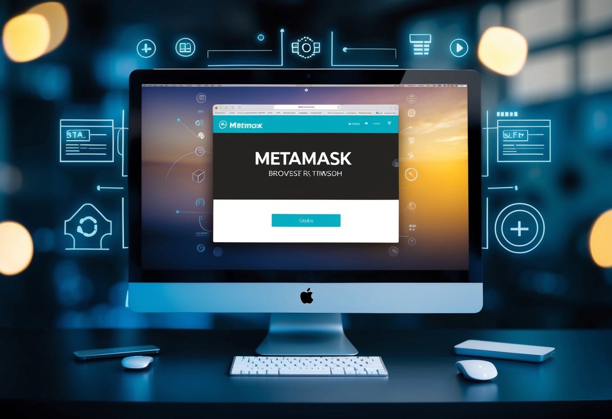 A computer screen with the Metamask browser extension loading, surrounded by digital elements and symbols