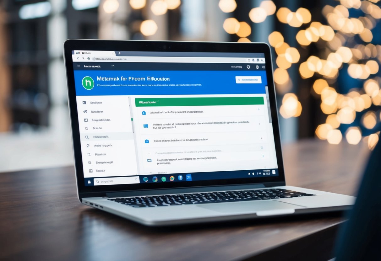 A laptop screen displaying the Metamask for Chrome extension interface with the Metaloader functionality highlighted